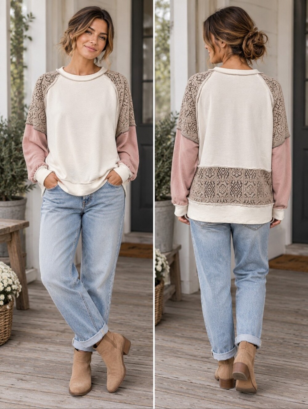 BKE Lace Patchwork Sweatshirt Boho Crocket Colorblock Pullover Cream Pink Size L